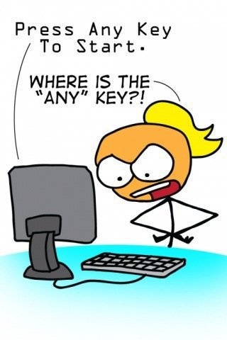 This may contain: a cartoon character looking at a computer screen with the words press any key to start This may contain: a cartoon character looking at a computer screen with the words press any key to start