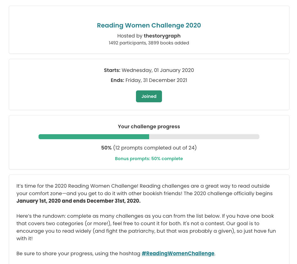 Screenshot of the top of the old reading challenge page, which features four boxes stacked on top of one another. The first features the challenge title and host name, the second the dates, the next the progress bar, and finally the top of the description.