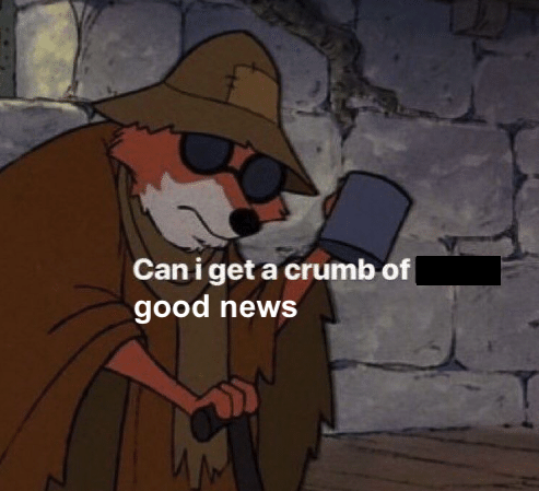 Meme of Robin Hood as a beggar with the caption edited to say "Can I get a crumb of good news"
