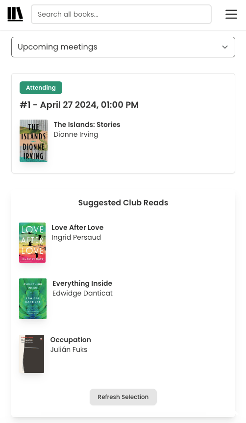 A screenshot of the "Suggested Club Reads" pane. Underneath the section heading are three books, listed vertically. The cover is on the left-hand side with the title and author beside the cover, on the right.