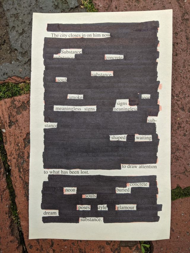 (picture of an erasure poem made at Somerville's artbeat festival)