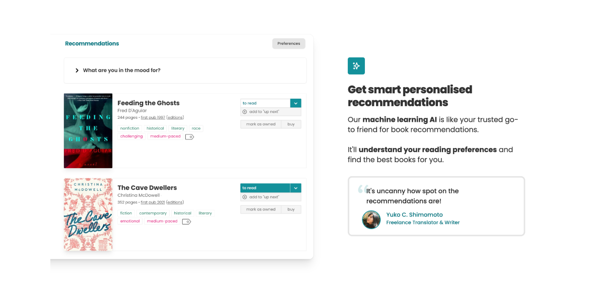 Screenshot of StoryGraph's landing page. There's a screenshot of the recommendations page to the left, featuring the new book pane list view design. To the right is the same text as before.