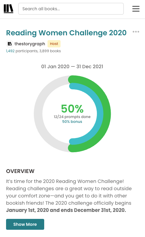 The mobile view of the page before featuring the stacked information of the reading challenge, the dates, the progress circle and the top of the overview, wiht a "Show more" button underneath.