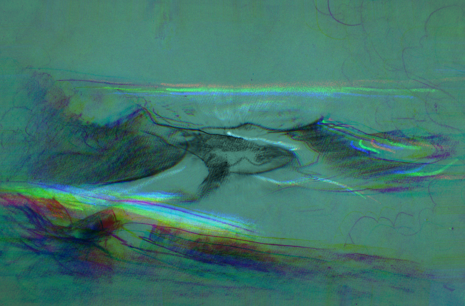 The artwork Swells In The Ocean by Winslow Homer. It features a minimalist idea of ocean waves. The waves themselves are black against a tan background. The artwork has been edited to be more green in color with a glitch like effect applied so that red, yellow, and blue light are ocassionally streaked across the artwork.