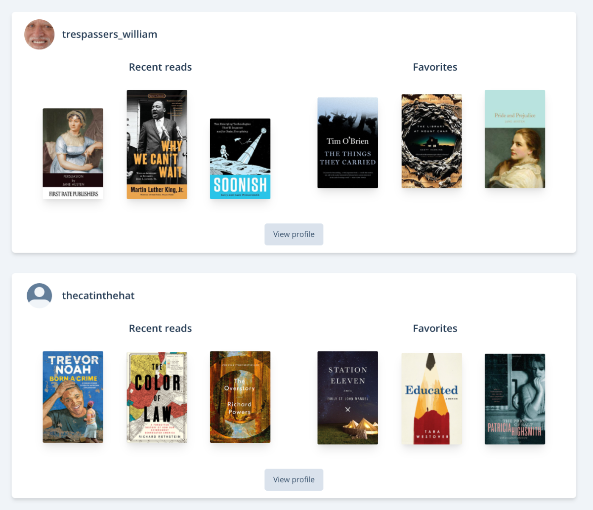 Screenshot showing two users being looked on the similar users page. Each profile pane features the user's username and their profile picture. There are two columns on each pane. Each column features three covers. The column on the left-hand side is labelled "Recent reads" and the column on the right-hand side is labelled "Favorites".