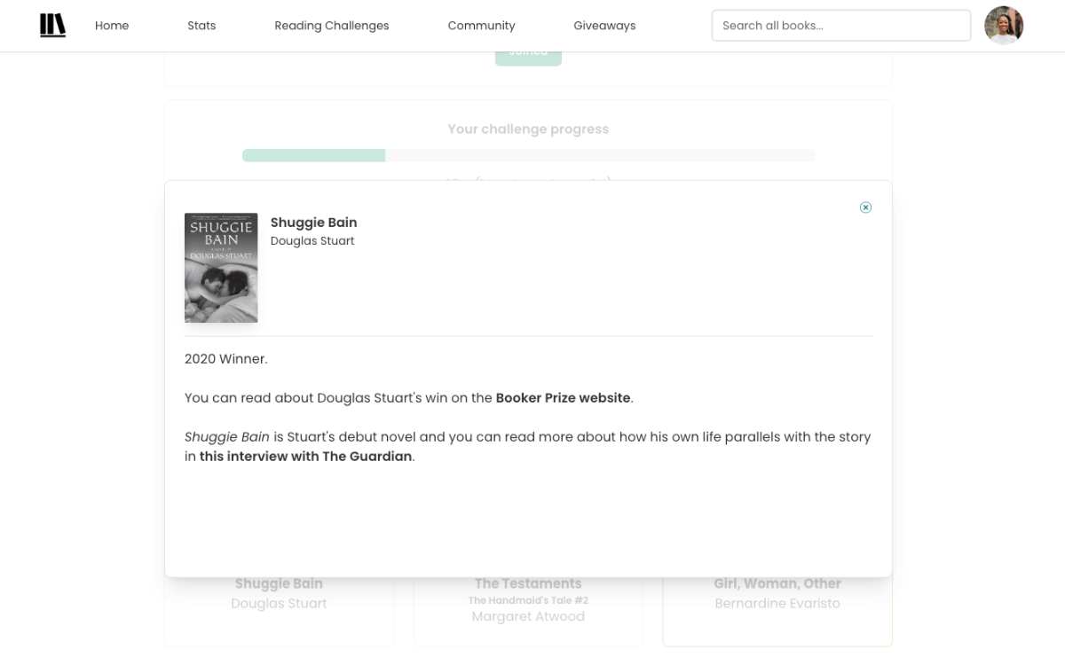 Screenshot of a modal overlayed on the reading challenge screen, which is greyed out in the background. The modal features the book cover, title, and author, and information about when the book won the Man Booker Prize, and links to articles and interviews.
