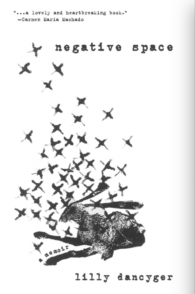 book cover of negative space showing a black and white image of a long eared rabbit with what looks like birds flying behind and out of its silouhuete 