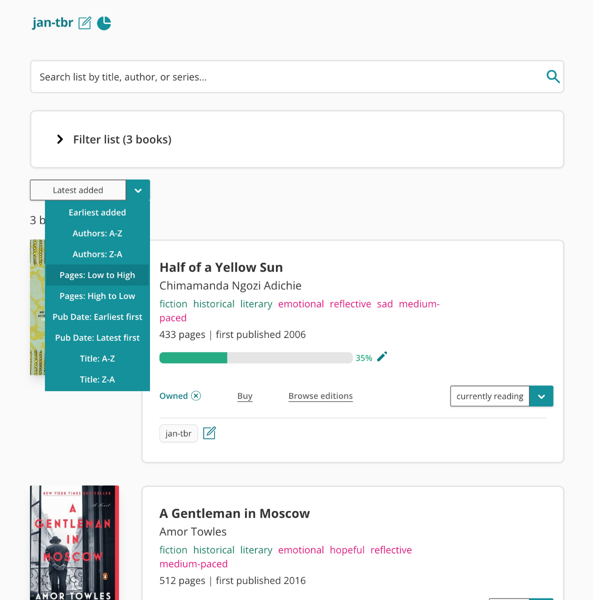 Screenshot of the top of a tag page in StoryGraph. The tag name, jan-tbr, appears at the top. Beside it are two icons: an edit icon and a pice chart. Underneath, going down the page, are a search bar, a collapsed filter menu, an expanded sort dropdown, and two book panes.