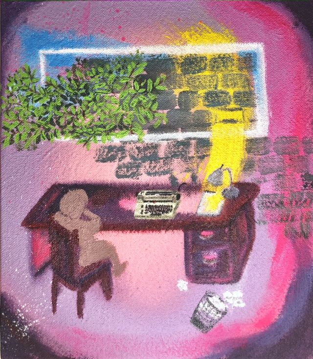 a painted pink portal featuring an interior with desk and window, a small figure sits at the desk with a typewriter on it and a trash can with crumpled papers falling out