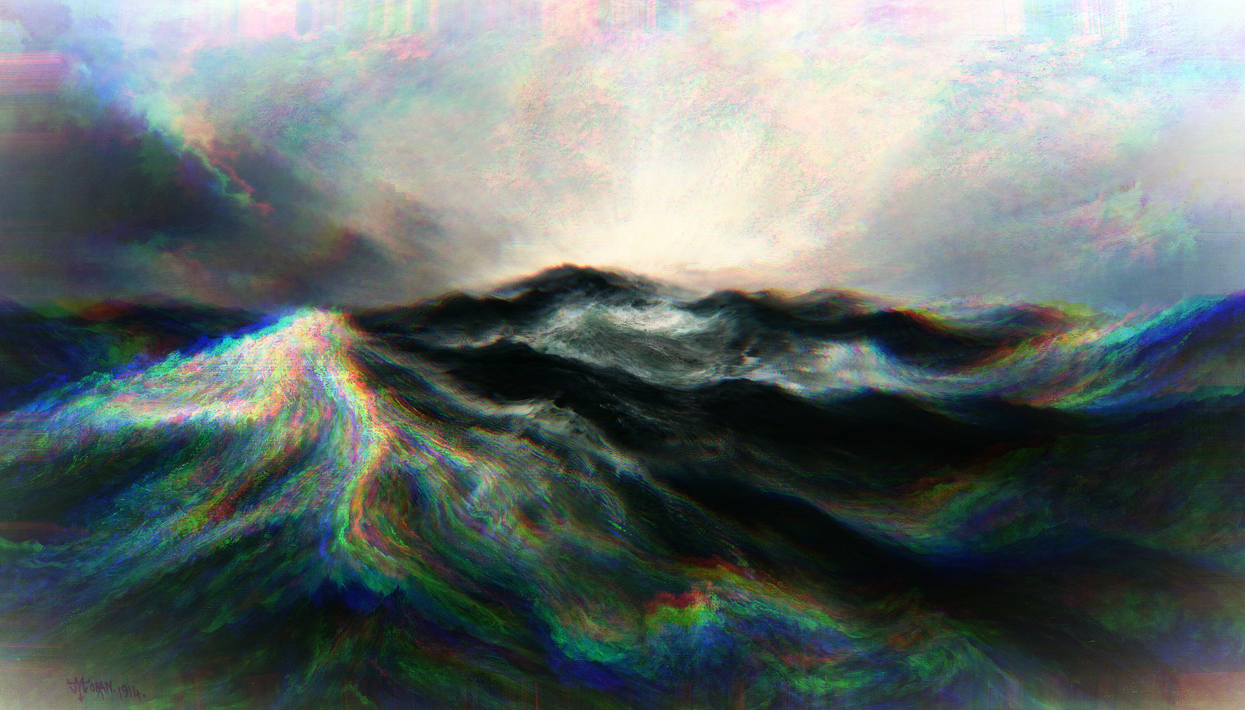 Volatile ocean waves amongst a sunrise. The image appears glitched with white blurry edges