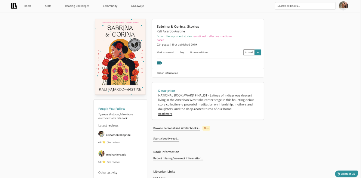 The old desktop book page. It shows a two-column layout. The first column features the book cover and a "People You Follow" section. The second column starts with the book information in a pane. Then comes the description. Underneath that are a series of links on the page: Browse similar books, start a buddy read, report missing information, etc.