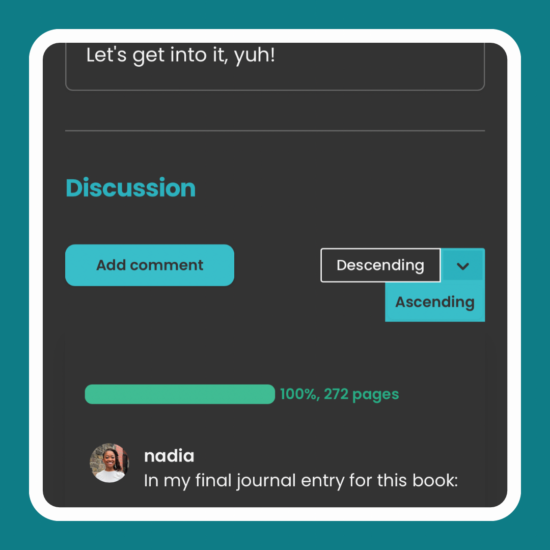 App screenshot showing the top of the buddy read Discussion section. To the right is a dropdown. "Descending" is selected and the other option available is "Ascending".