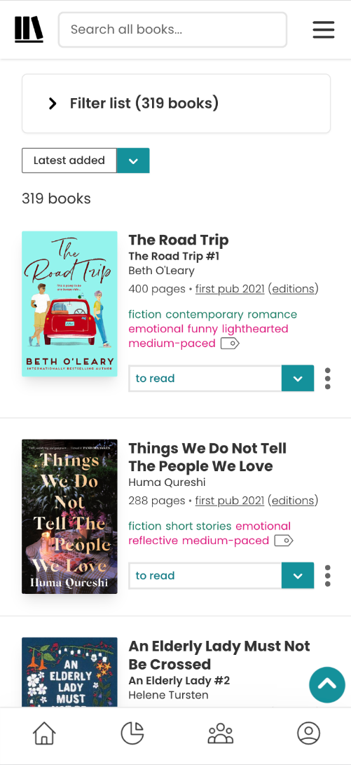 The new mobile list view. The book covers remain to the left, but are larger and closer to the rest of the book information. Rather than being in a box, the information is now listed alongside the book cover. At the bottom of the book title, author, pages, publication year, and moods and pace, there's a read status dropdown set to "to read". To the right of that are three vertical dots, indicating a menu of more options.