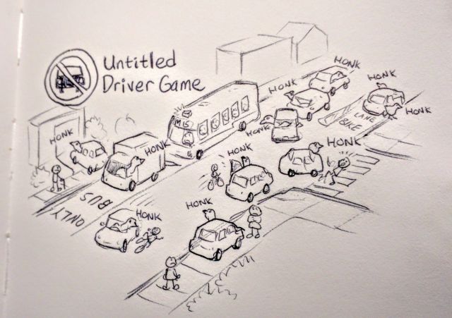 A drawing called Untitled Driver Game, a parody of the Goose Game with drivers terrorising pedestrians and cyclists