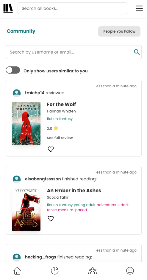 Screenshot showing the StoryGraph's community feed. There are a few updates of people finishing and reviewing books. The top right section of all of the news feed updates read "less than a minute ago".