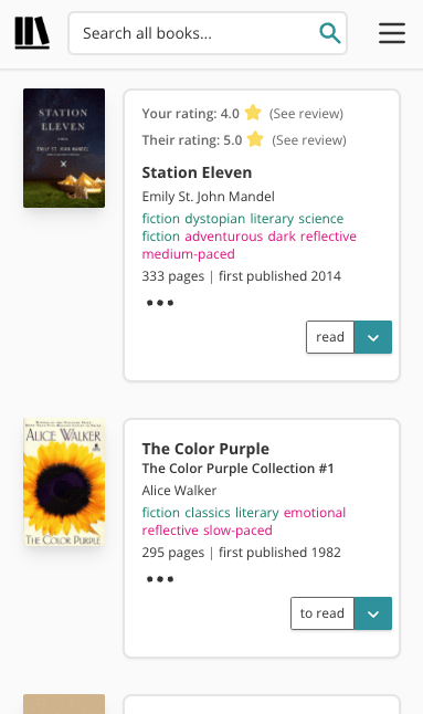 Mockup of a book pane on The StoryGraph mobile app. Above the title of the book, "Station Eleven" are two lines of text. The top line reads: "Your rating: 4⭐️ (See review)". The second line reads: "Their rating: 5⭐️ (See review)".