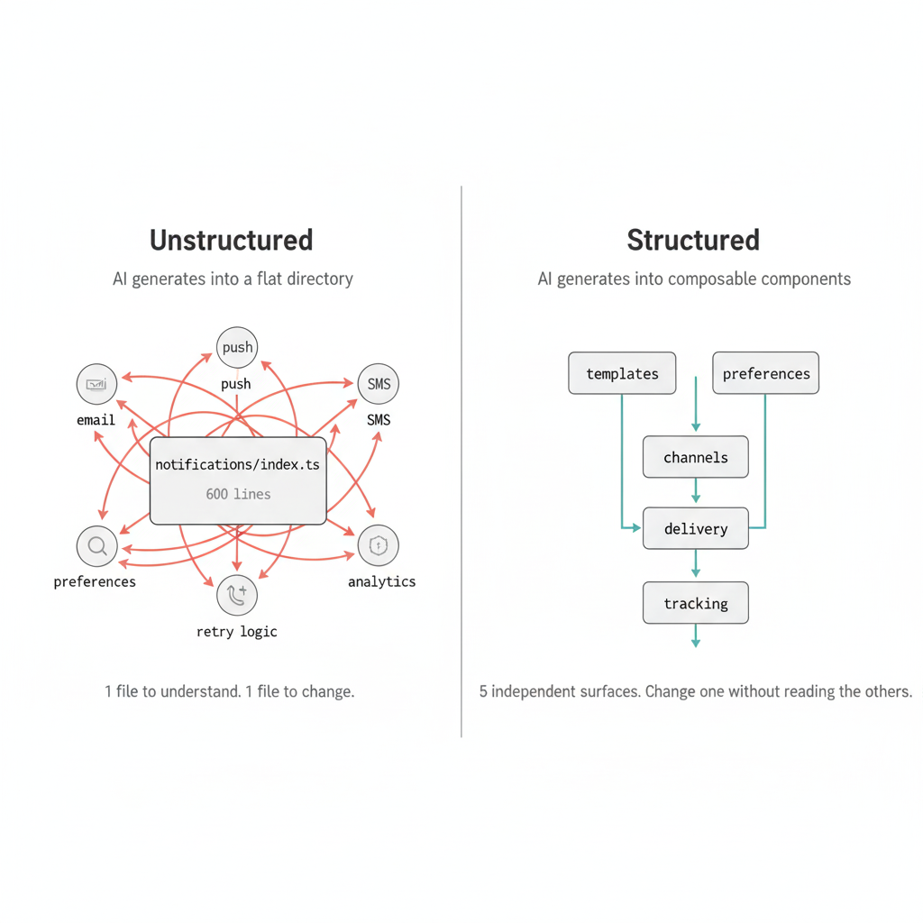 The same notification system, two architectures. Unstructured generation couples everything into a single module. Structured generation decomposes into independent components with explicit, one-directional dependencies. Image by the author. The same notification system, two architectures. Unstructured generation couples everything into a single module. Structured generation decomposes into independent components with explicit, one-directional dependencies. Image by the author.