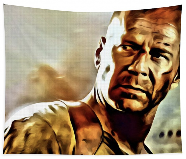a painted reproduction of Bruce Willis as John McClane printed on a wall tapestry