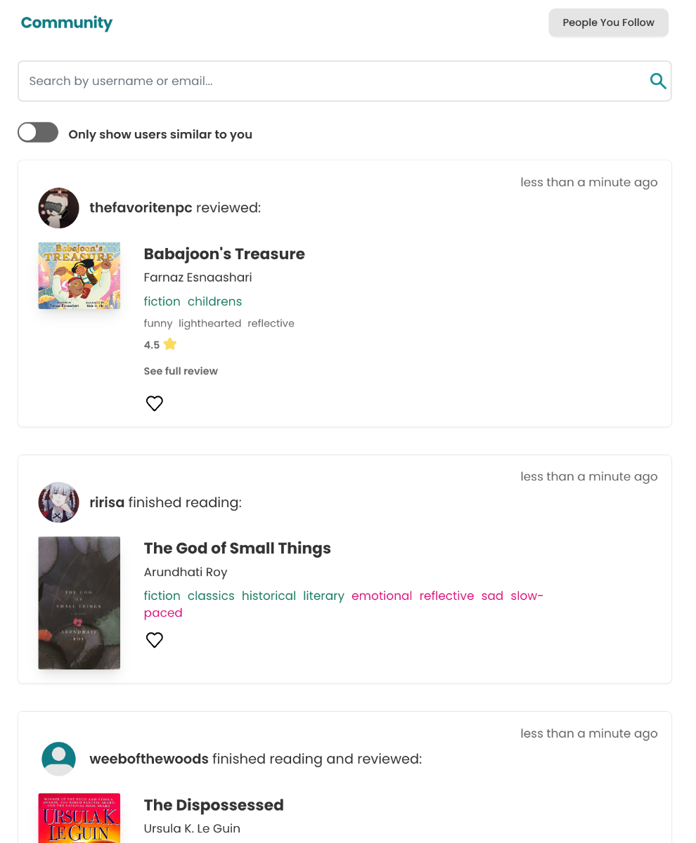 Screenshot of StoryGraph's Community News Feed. There are three panes, lined up vertically, one on top of the other, detailing random users' reading updates. Above the updates is a toggle labelled "only show users similar to you". Top right is a button labelled "People You Follow".