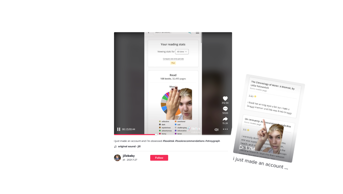 Screenshots from a TikTok video. A woman's head is superimposed on StoryGraph screenshots.