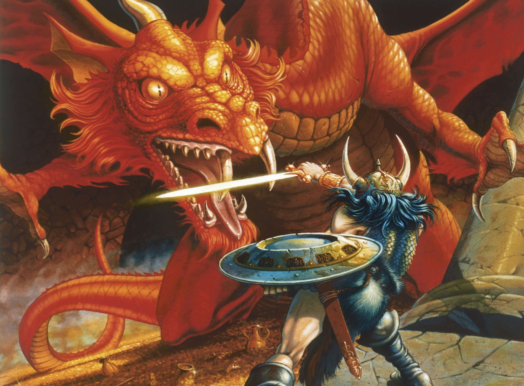 A knight fighting a dragon; a classic DND image from one of the Player's Manuals, I think.
