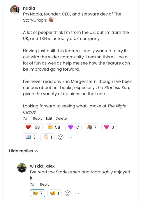 Screenshot of my introductory comment in the readalong, with a series of emoji reactions underneath it, including 150  red heart reactions, 58 wave reactions, 17 purple heart reactions, and so on.