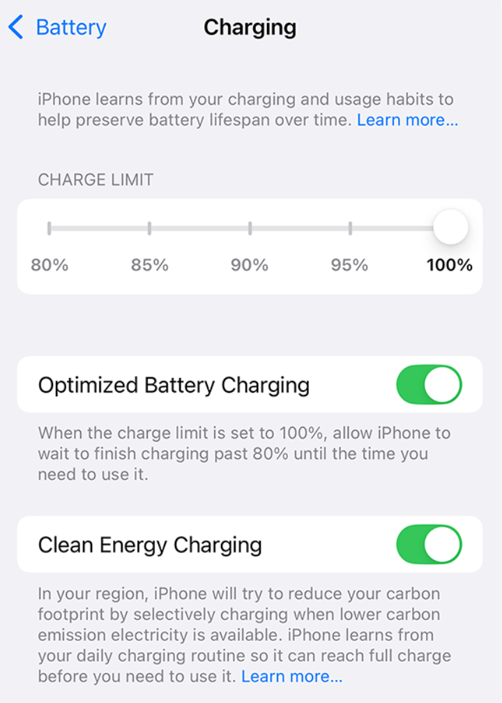 iPhone Charging settings
