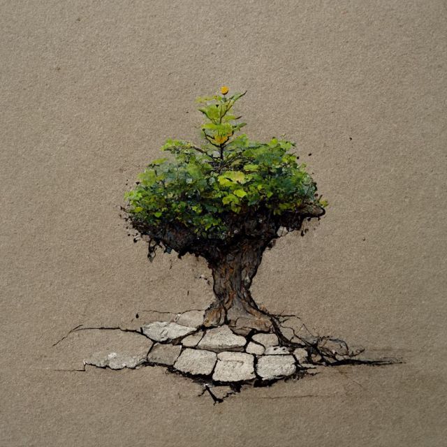 drawig of a tree growing out of dry cracked ground