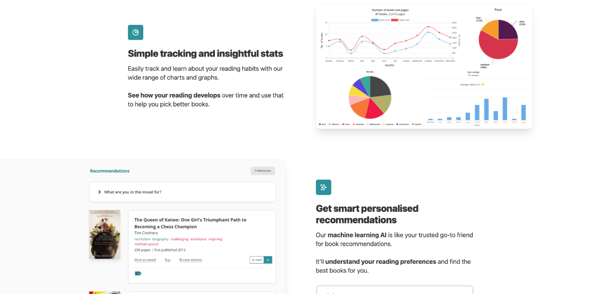 Two rows of an image against explanatory text. The to top row features ext explaining the stats portion of the product, with a collage of different StoryGraph charts to the right. The bottom row has an image of the recommendations page on StoryGraph, with a text description to the right.