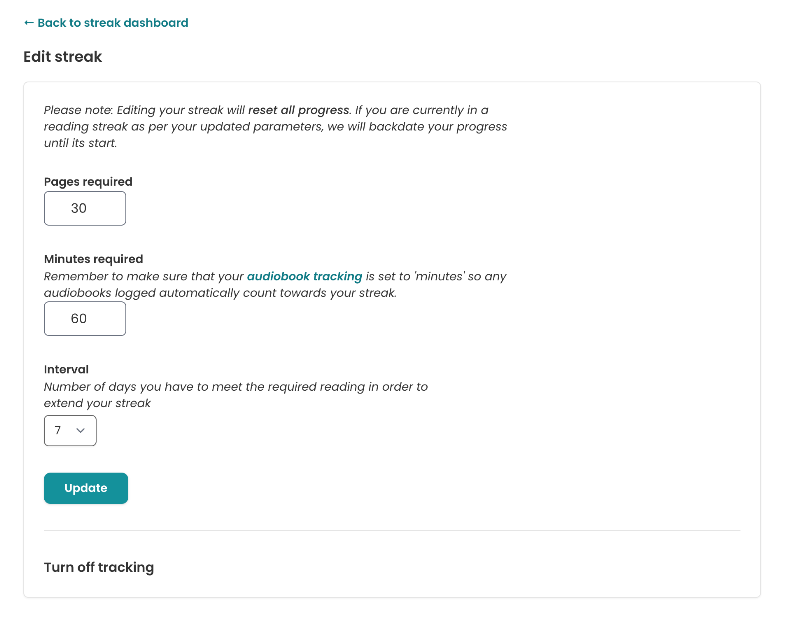 Screenshot of the Edit Streak page. There are three fields: "Pages required" which is filled in with '30', "Minutes required, which is filled in with '60' and "interval" (number of days you have to meet the required reading in order to extend your streak), where 7 is selected from a dropdown.