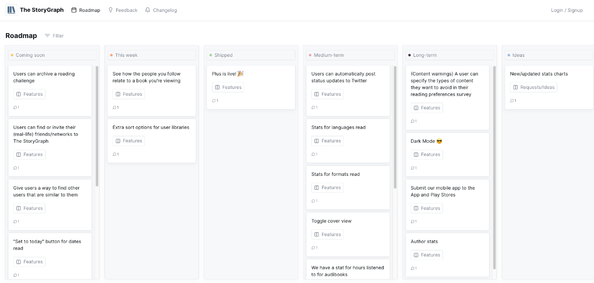 A screenshot of The StoryGraph's public roadmap. The writing isn't legible, but you can see there are 6 columns running down the page.