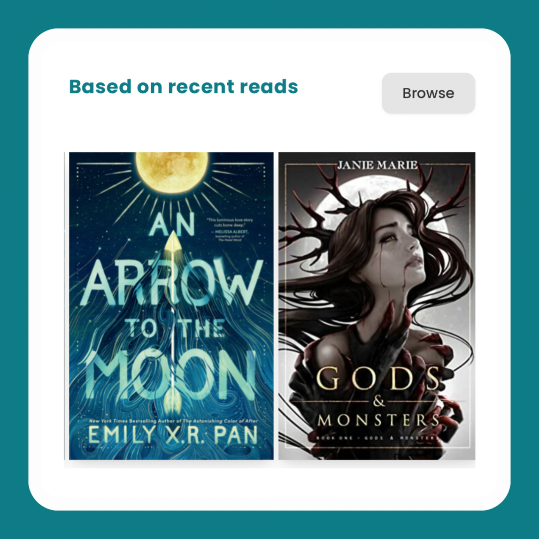 Screenshot of the new "Based on recent reads" recommendations section on StoryGraph. Two book covers are show side-by-side, and there's a "Browse" button top right.
