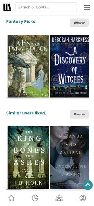 Screenshot of a page on the StoryGraph app showing two horizontal book carousels. The label above the top one is "Fantasy Picks" and the label above the second one is "Similar users liked...". Both carousels have a grey "Browse" button top right.