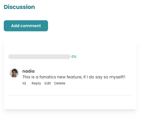 Screenshot of a buddy read comment with a typo. The comment, written by me on my test site, reads: "This is a fanatics new feature, if I do say so myself!"