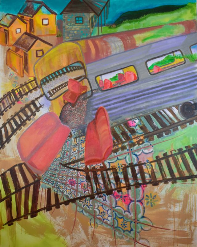 A painting of a train showing the exterior and interior with seats flying out onto railroad tracks in bright colors