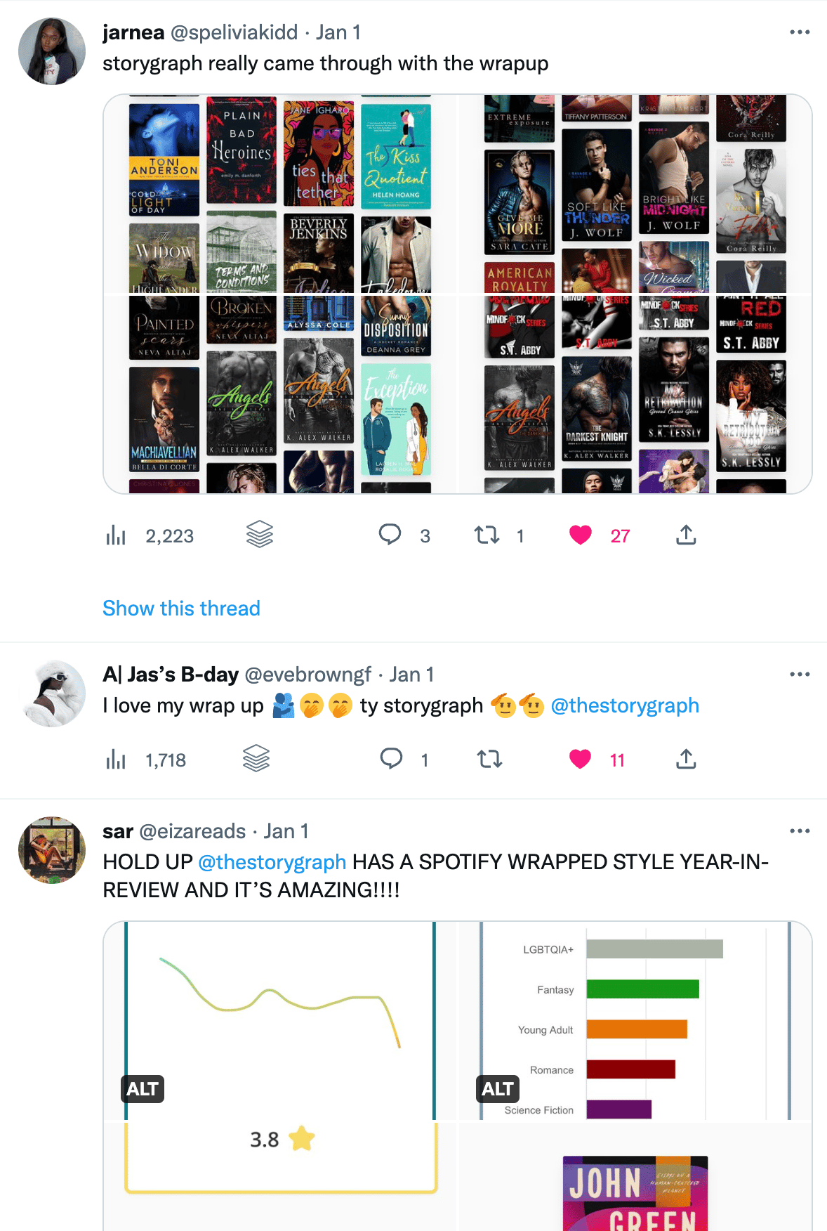 A series of tweets praising StoryGraph's 2022 wrap up, e.g. "storygraph really came through with the wrap up."