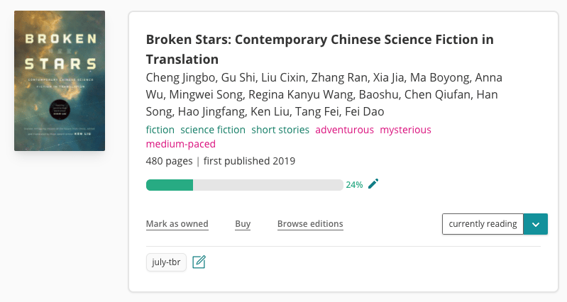 Book pane of Broken Stars's StoryGraph pane. The pane lists all of the contributors to the book. It is tagged with 'fiction', 'science fiction', 'short stories', 'adventurous', 'mysterious', and 'medium-paced'. It has 480 pages. There is a progress bar showing I am 24% of the way through the book.