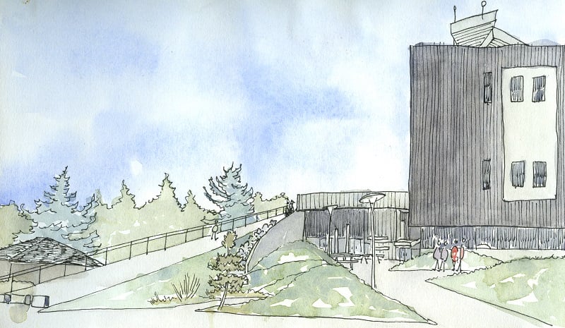 Watercolor painting of a building at the Hatfield Marine Science Center