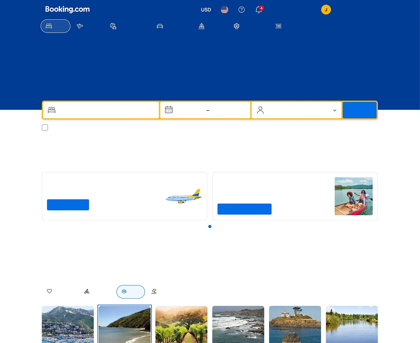A screenshot of Booking.com's homepage with no words on the page, just loads of blank spaces, shapes, colors, and containers. A screenshot of Booking.com's homepage with no words on the page, just loads of blank spaces, shapes, colors, and containers.
