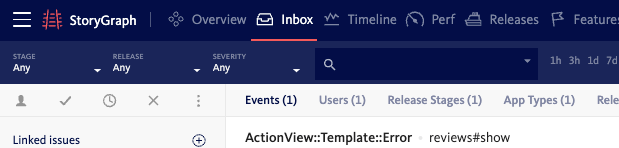 Screenshot of the top of an error page in my bug tracking software. The sub-heading bar reads: "Events (1) Users (1)".