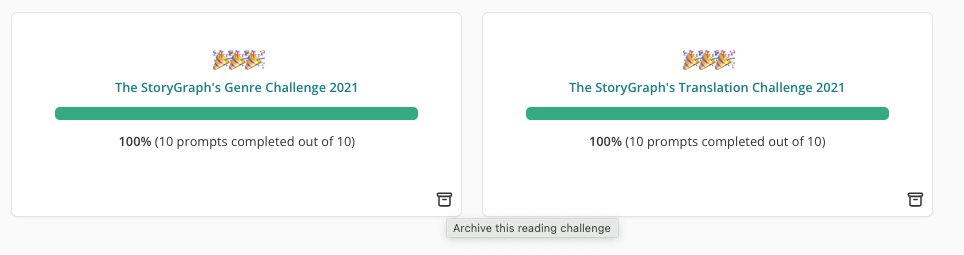 Screenshot of a couple of reading challenge panes. In the bottom right is an archive icon.