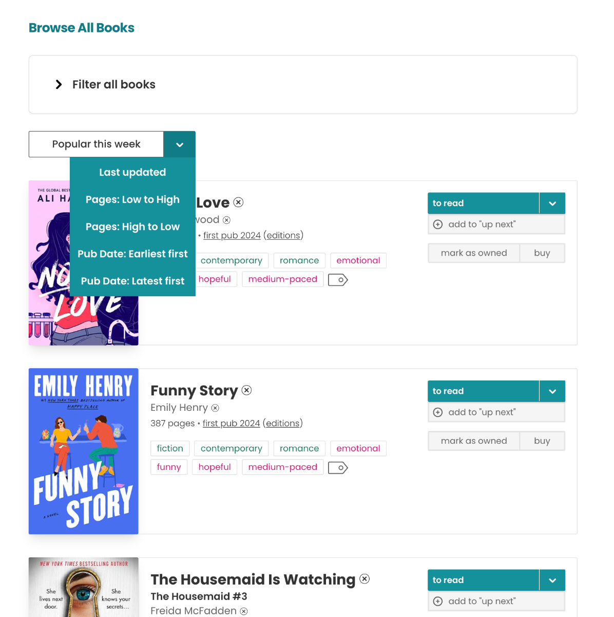 Screenshot of the Browse All Books sort menu expanded showing all of the possible sort options: Last updated, Pages, Pub date, etc.