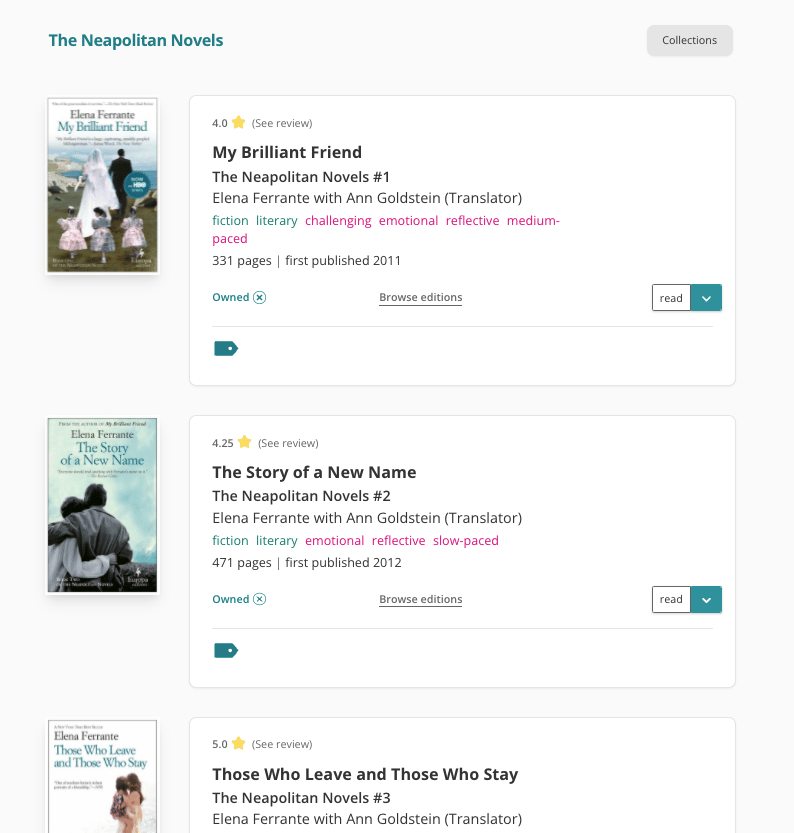 Screenshot of the series page for Elena Ferrante's Neapolitan Novels Quarter. The first two and a bit books are show, each marked as read, and each with my rating and link to my review at the top.
