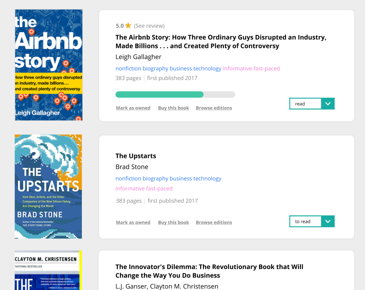 An image showing a list of three book covers and their accompanying panes. The books stand alone in the left-hand column, and each has a white pane to its right. The pane features the book's title, author, moods, pace, bibliographic information, and action links.