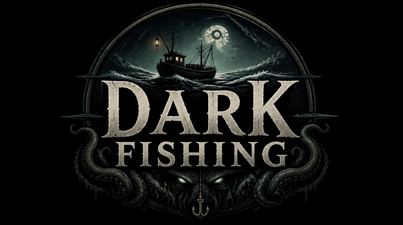 An inappropriately clean and shiny image of a boat floating over the words "Dark Fishing", with an anchor descending ominously between two glowing eyes in the deep.
