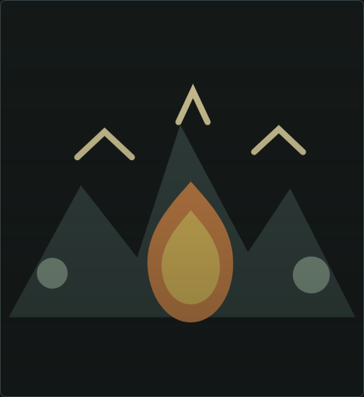 A rough vector-art image of a few mountains with a fire burning in front of them and ... I think maybe they're supposed to be birds over the mountain peaks?