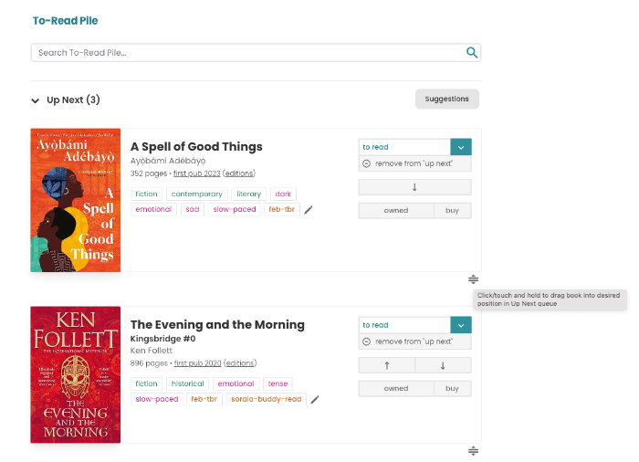 Screenshot of an Up Next Queue in StoryGraph in the desktop view. There are two book panes visible. In the right-hand column of the two panes there are up and down arrows. There's also an icon bottom right, which when hovered over reveals that it's the drag-and-drop icon.