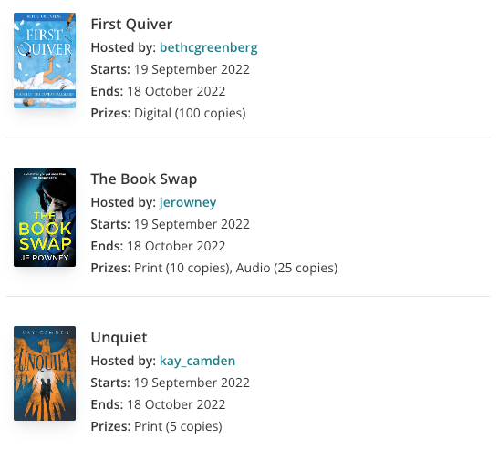A list view of three giveaways that have been added to our beta platform. The book covers are on the left, and the details of the giveaway, including book title, host username, and prizes on offer (e.g. Digital, 100 copies), are on the right.