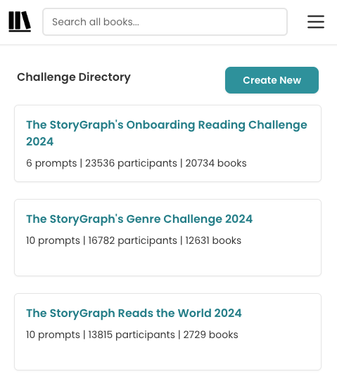 Screenshot of the top of the reading challenges directory, where three StoryGraph challenges are pinned to the top.