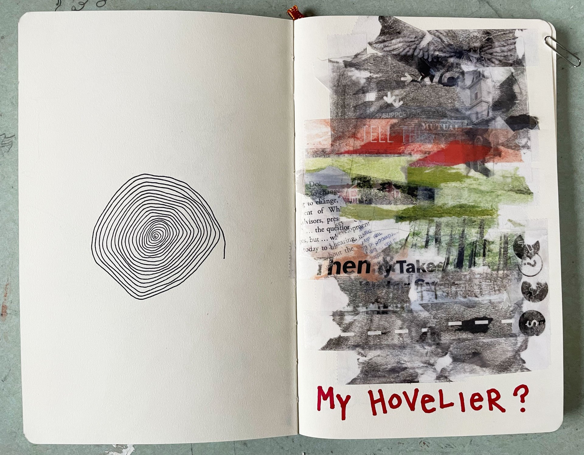 Sketchbook with drawing of a spiral and collage